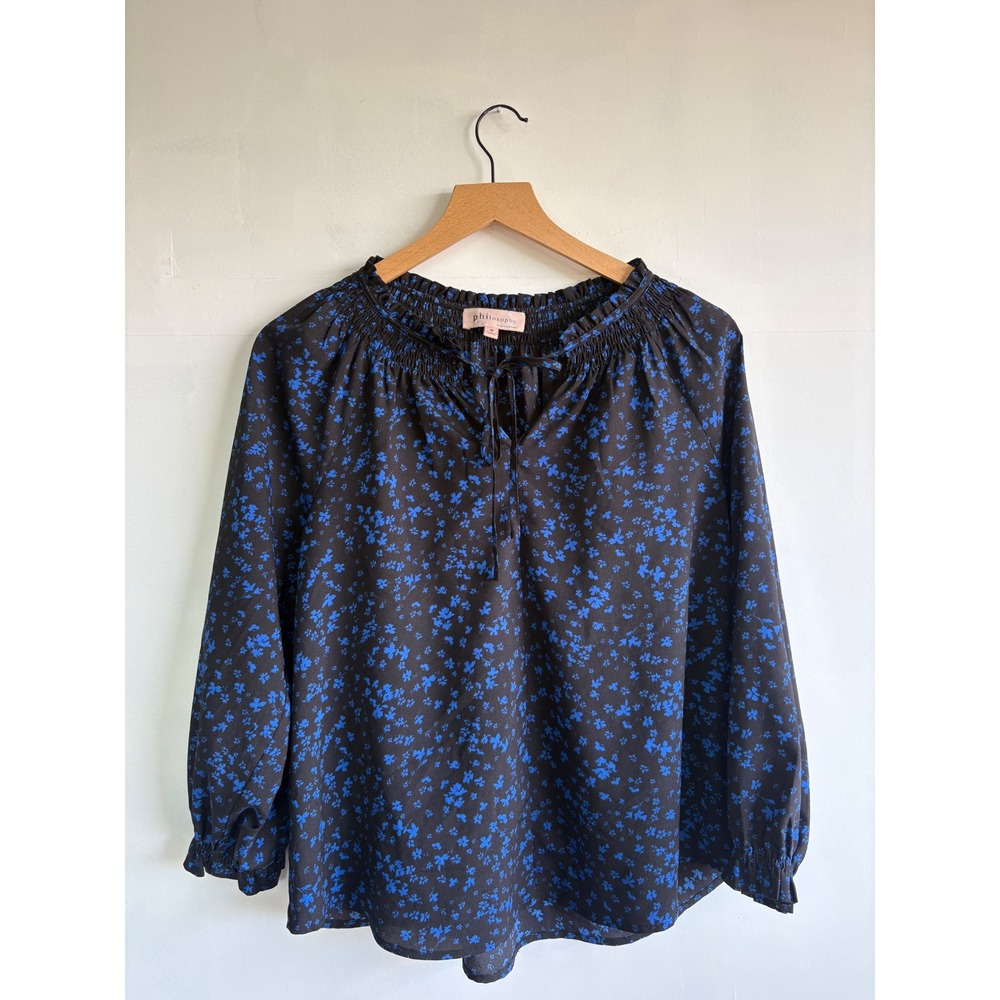 Philosophy Republic Clothing Blue boho chic Floral Smocked Ruffle Tie Blouse M